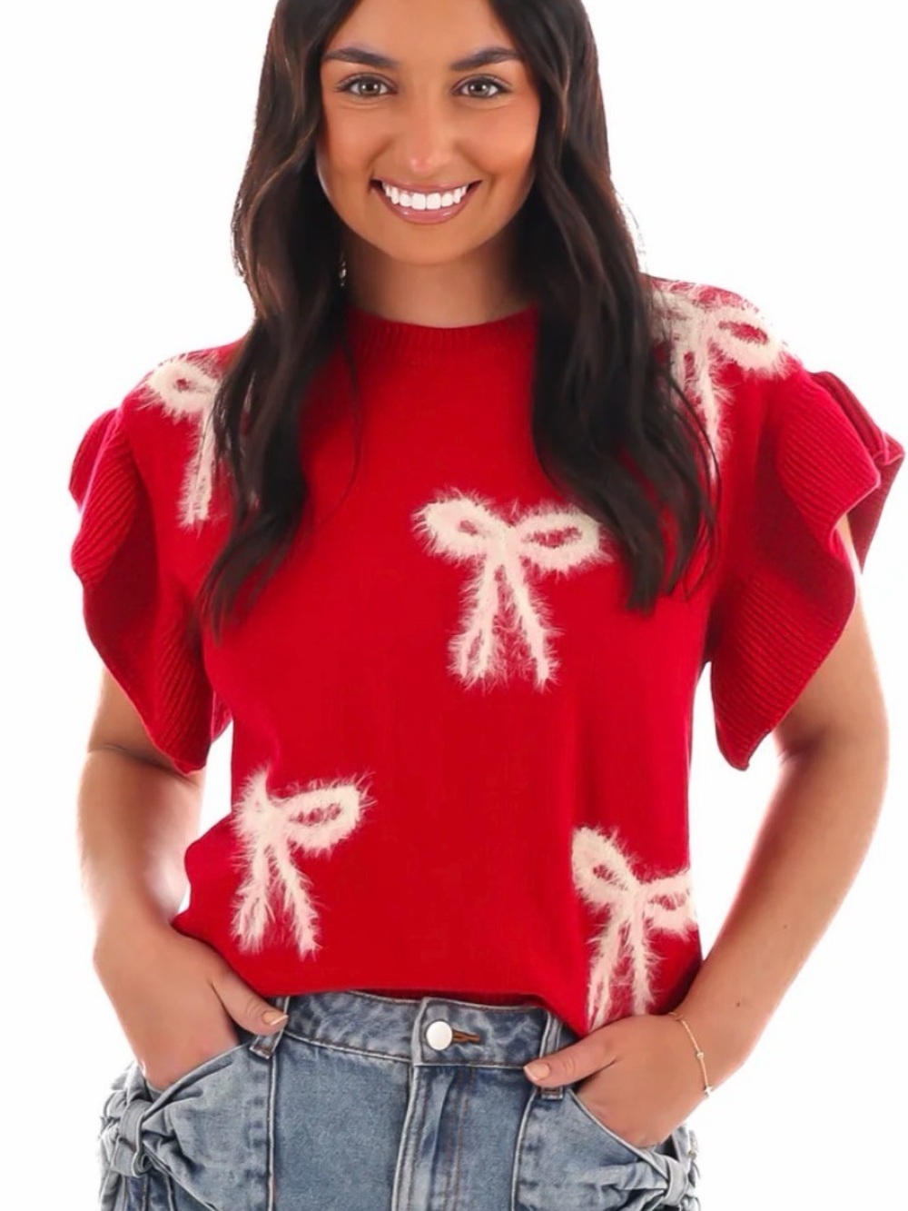 Moco Boutique Red Bow Sweater Short Sleeve Coquette Knit Top Size L
